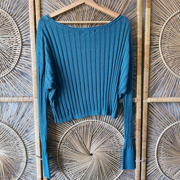 Natural Life Round Neck Ribbed Crop Sweater SZ L Teal Blue Green Cropped Top - Picture 4 of 4